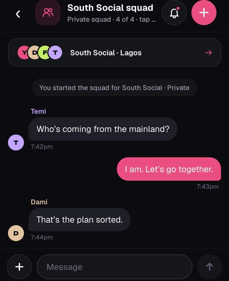 South Social squad chat with the original header, group context, message bubbles and composer