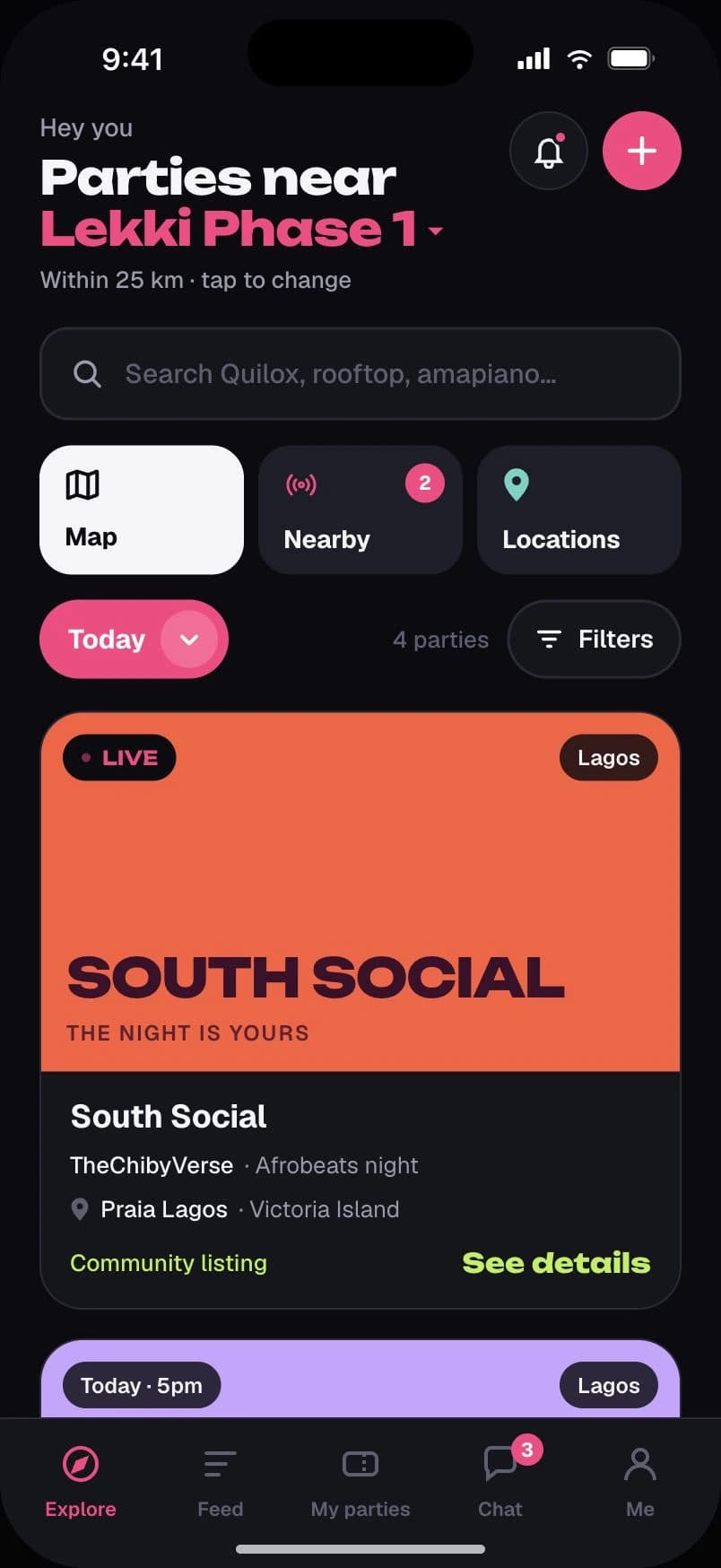 Original Partymatch Explore interface showing South Social, location search, nearby discovery, filters, and the app navigation