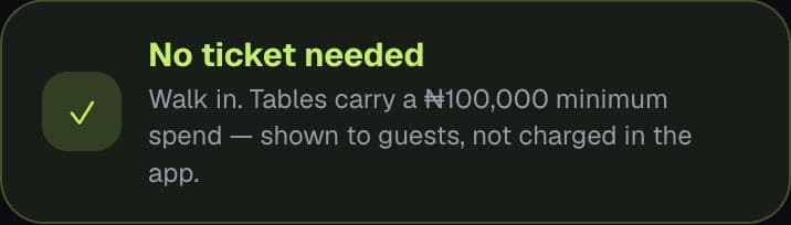 Venue entry detail showing an illustrative table minimum spend