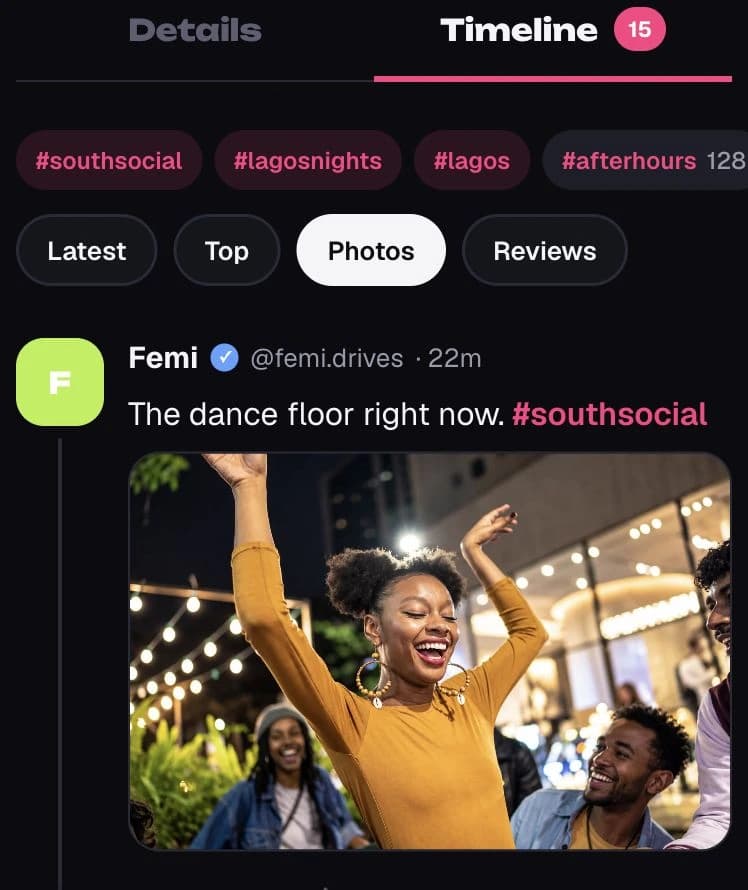 Party timeline with Photos selected and a photo post from the dance floor